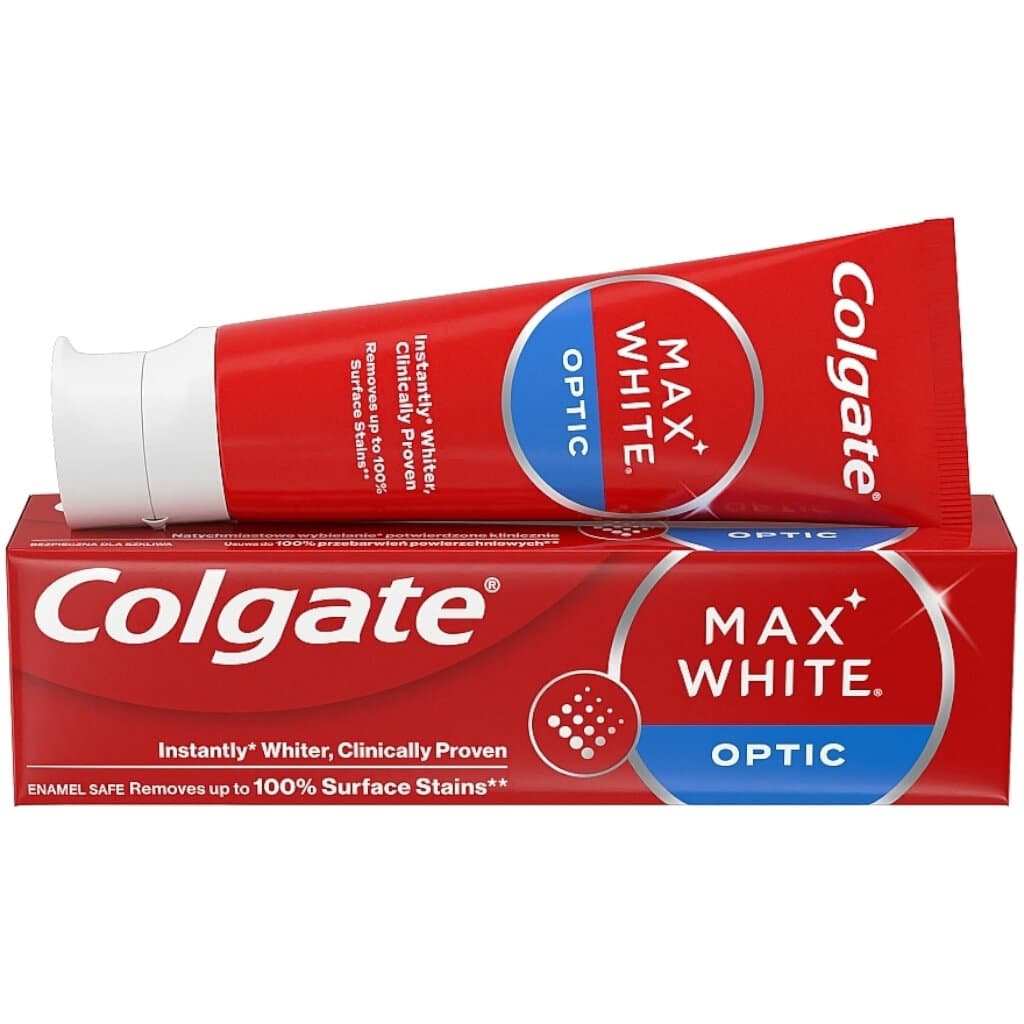 Colgate Max White Optic Whitening Toothpaste – 75 мл – Предна част на опаковката с описание на продукта.