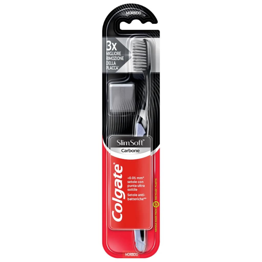 Colgate Slim Soft Carbon– Предна страна на опаковката с описание на продукта.