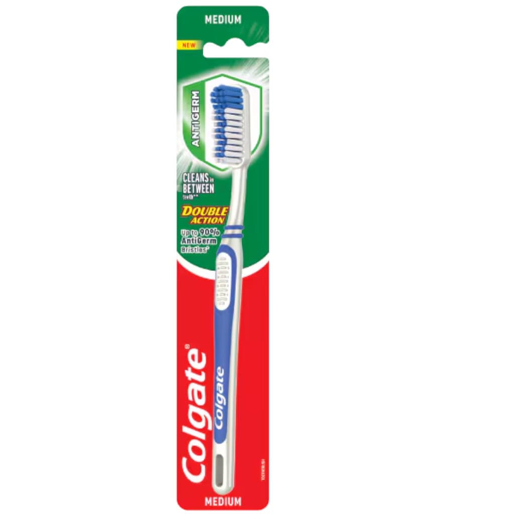 Colgate Double Action Четка за Зъби – Medium - Предна страна на опаковката с информация за характеристиките.