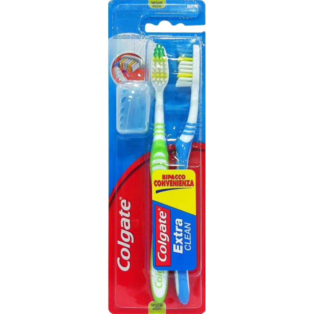 Colgate Extra Clean четка за зъби 2 броя – Medium – Предна страна на опаковката с описание на характеристиките.