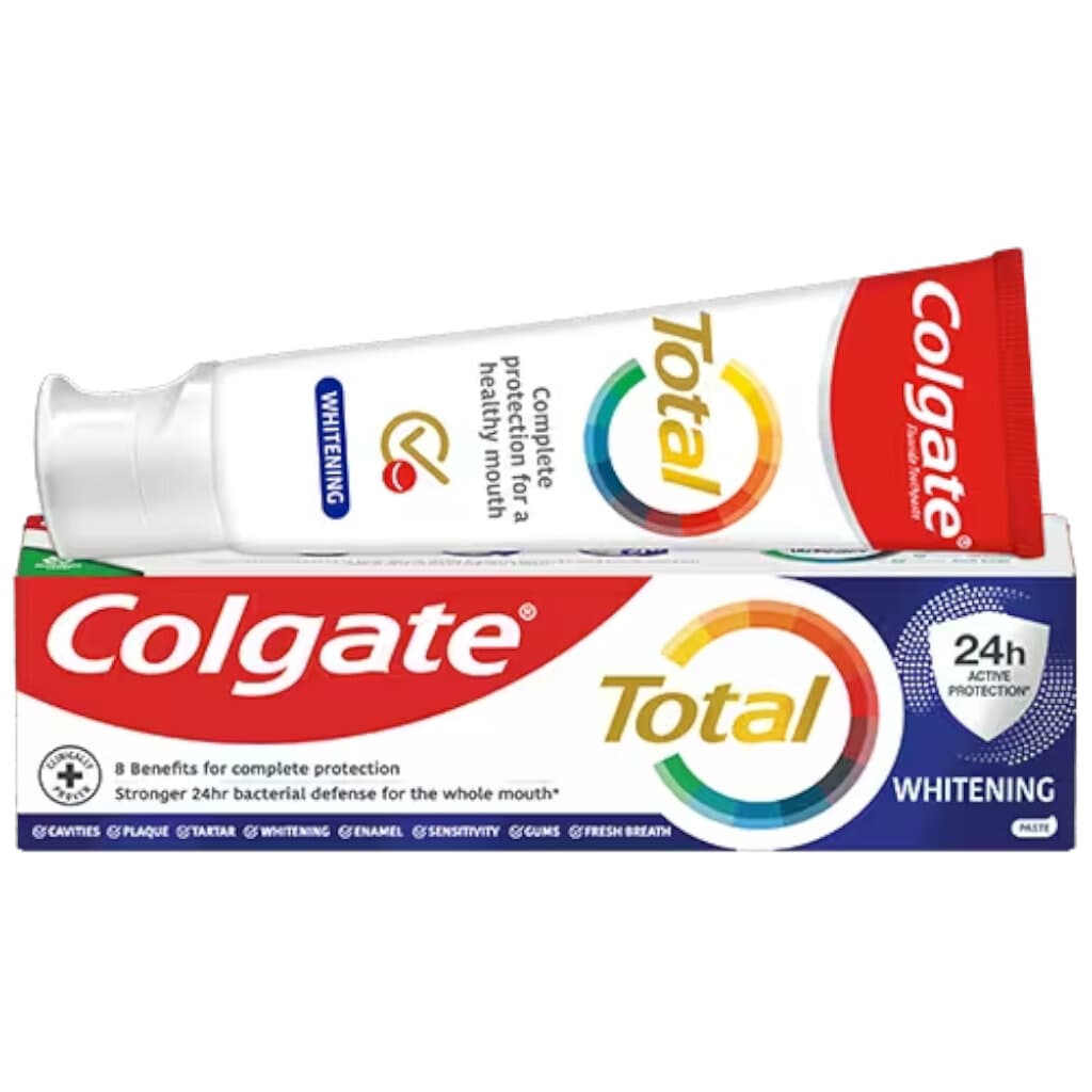 Colgate Total Whitening Toothpaste – 75 мл – Предна страна на опаковката с описание на продукта.