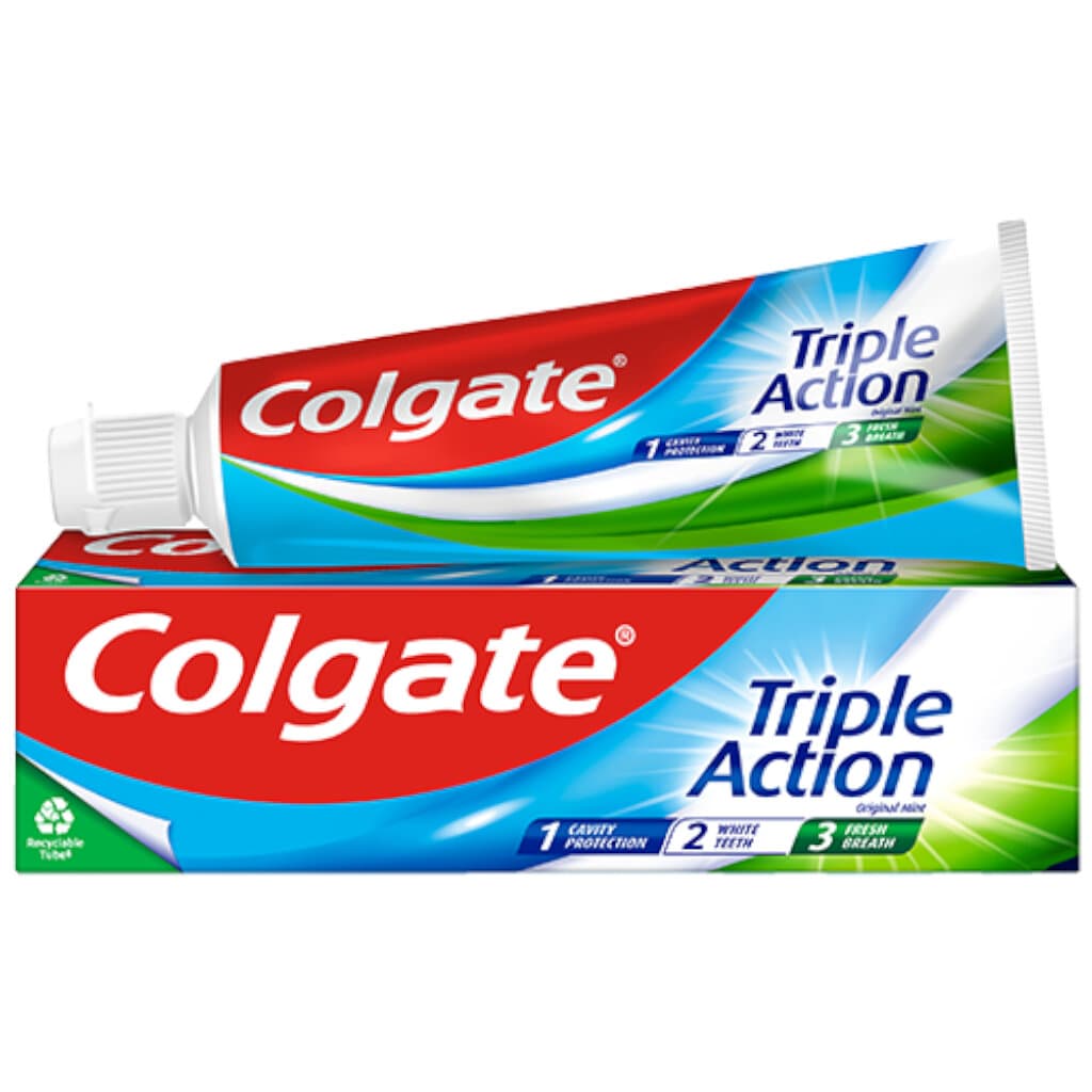 Colgate Triple Action Toothpaste – 75 мл – Предна страна на опаковката с описание на тройното действие.