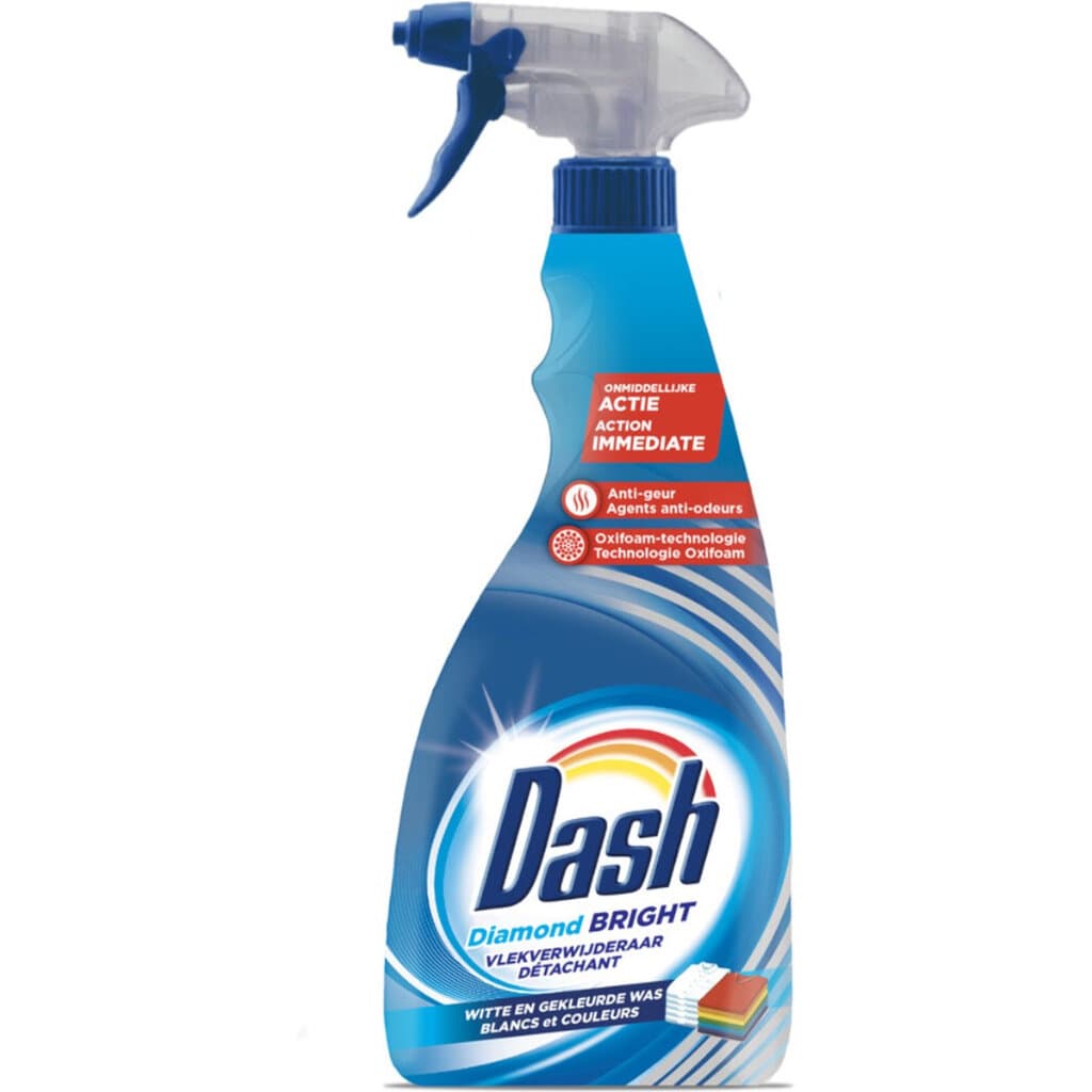 Опаковка и преден изглед на Dash Smacchiatore Spray Diamond Bright per Bianchi e Colorati 750 ml| Спрей за Премахване на Петна за Бели и Цветни Тъкани