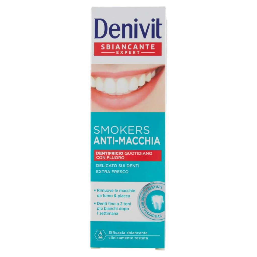 Denivit Dentifricio Antimacchia – предна опаковка на паста за зъби с избелващ ефект.