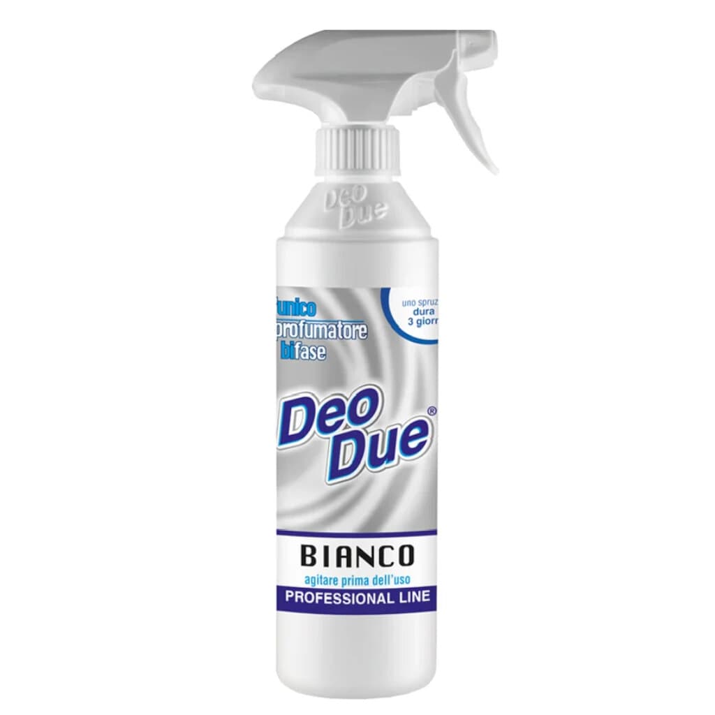 "DEO DUE – Bianco Trigger (500 ml): Предна страна на опаковката, показваща продукта с иновативна двуфазова технология и чист, свеж аромат."
