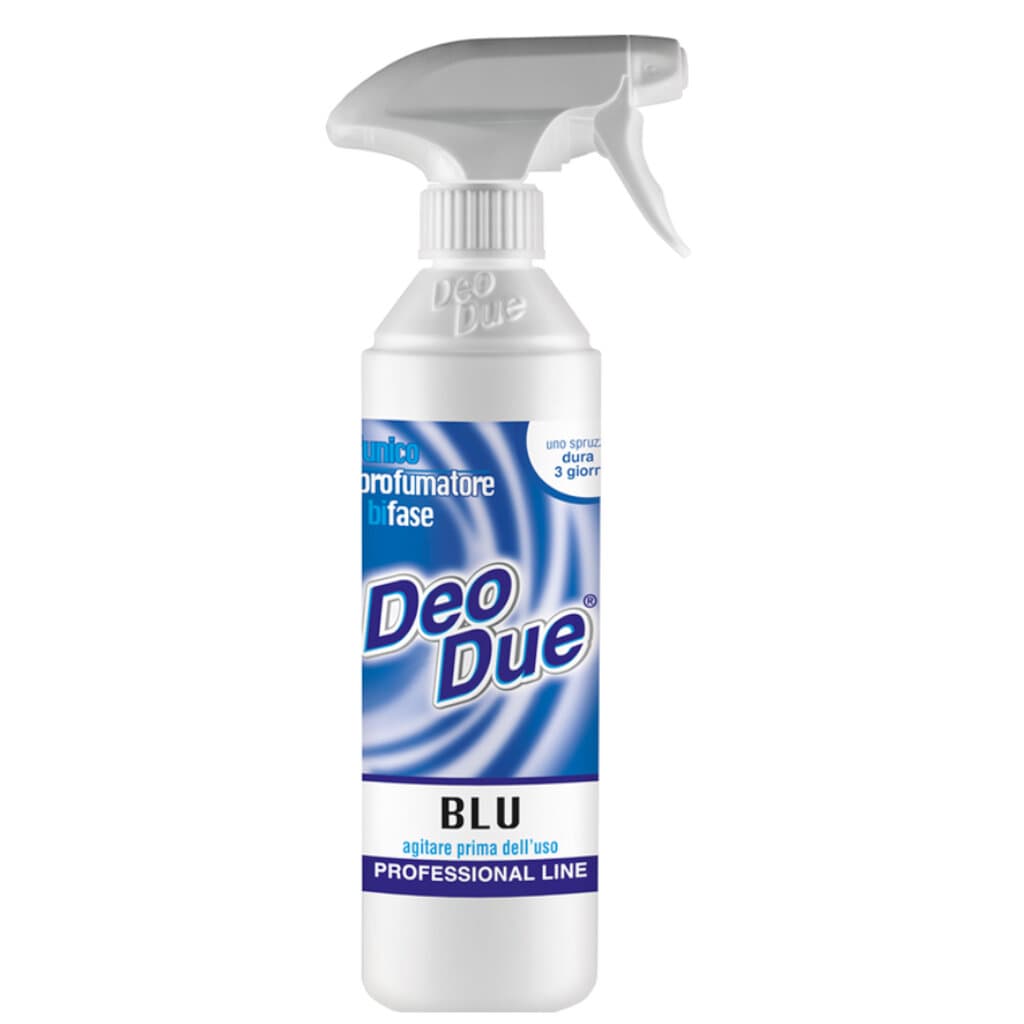 "DEO DUE – Blu Trigger (500 ml): Предна страна на опаковката, показваща продукта с иновативна двуфазова технология и чист, свеж аромат."