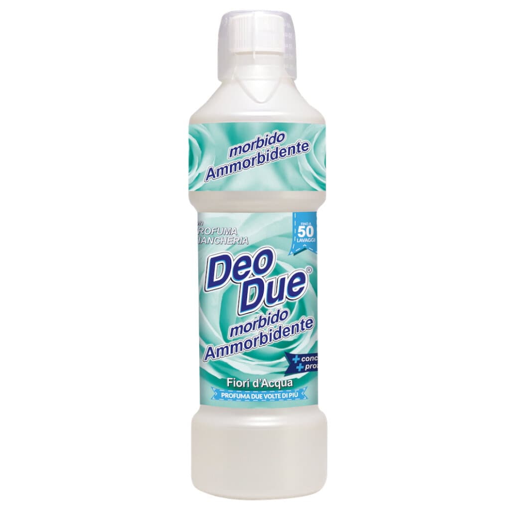 Deo Due Ammorbidente Fiori D’Acqua – Концентриран омекотител за тъкани с двоен аромат, предна част на бутилката.
