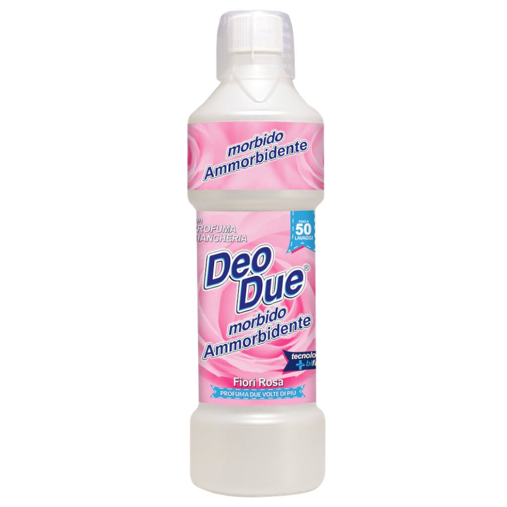 Fiori Rosa Deo Due Soft – Концентриран омекотител за тъкани с дълготраен аромат, предна част на бутилката.