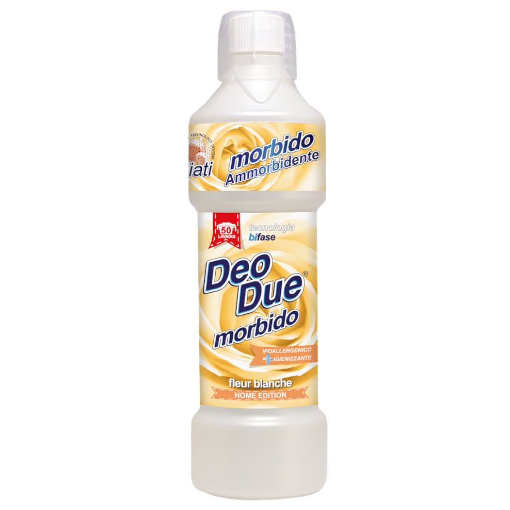 Deo Due Ammorbidente Fleur Blanche – Концентриран омекотител за тъкани с аромат на бели цветя, предна част на бутилката.