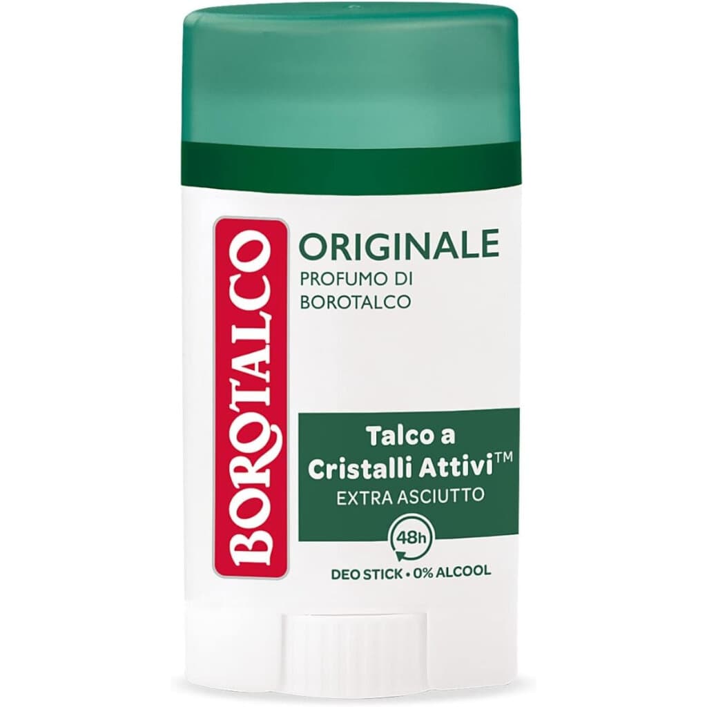 Borotalco Дезодорант Stick Talco a Cristalli Attivi – 40 мл – Предна страна на опаковката с логото на Borotalco и дизайна на продукта.
