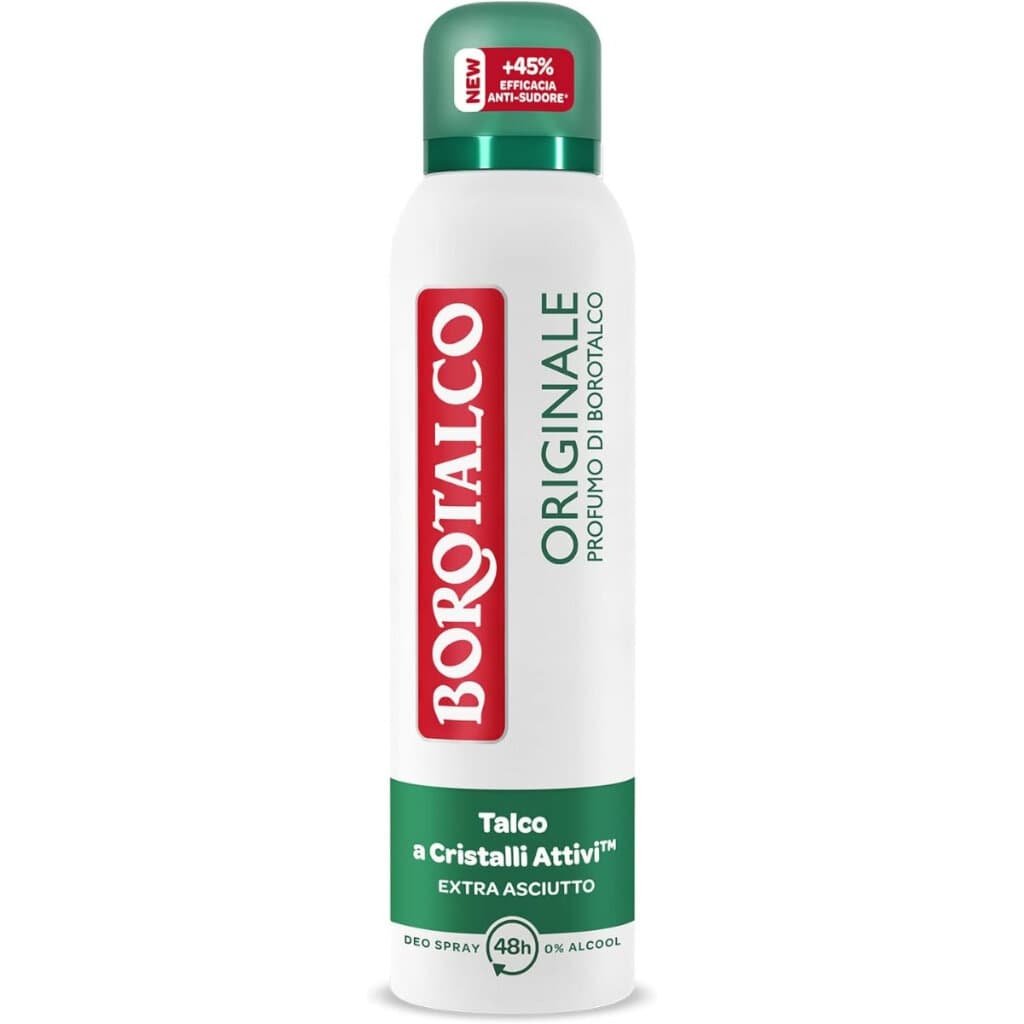 Borotalco Дезодорант спрей Originale Profumo di Borotalco – 150 мл – Предна страна на опаковката с елегантен дизайн и логото на Borotalco.