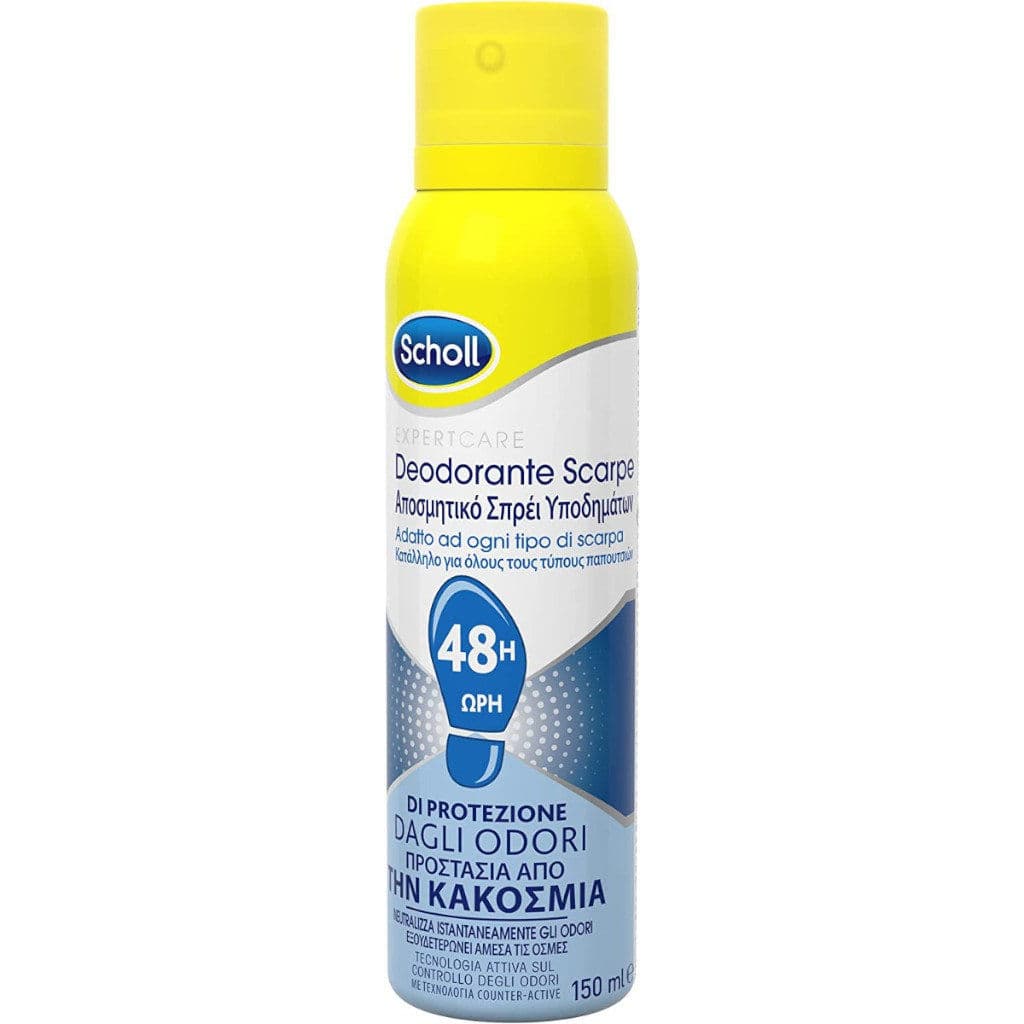 Опаковка на Scholl Deodorante Scarpe Spray с основна информация.