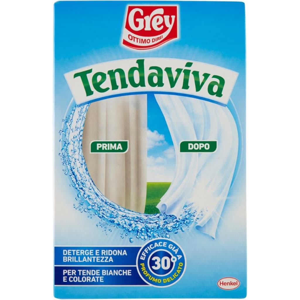 Опаковка на Tendaviva Additivo per Bucato, подчертаваща неговата специализация за поддържане на бели завеси.
