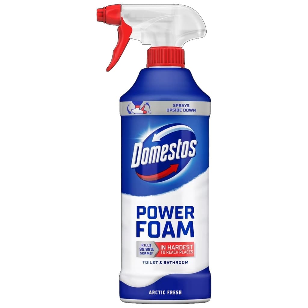 Domestos Power Foam Arctic Fresh дезинфекцираща почистваща пяна за тоалетна и баня с обърнато пръскане 450 мл