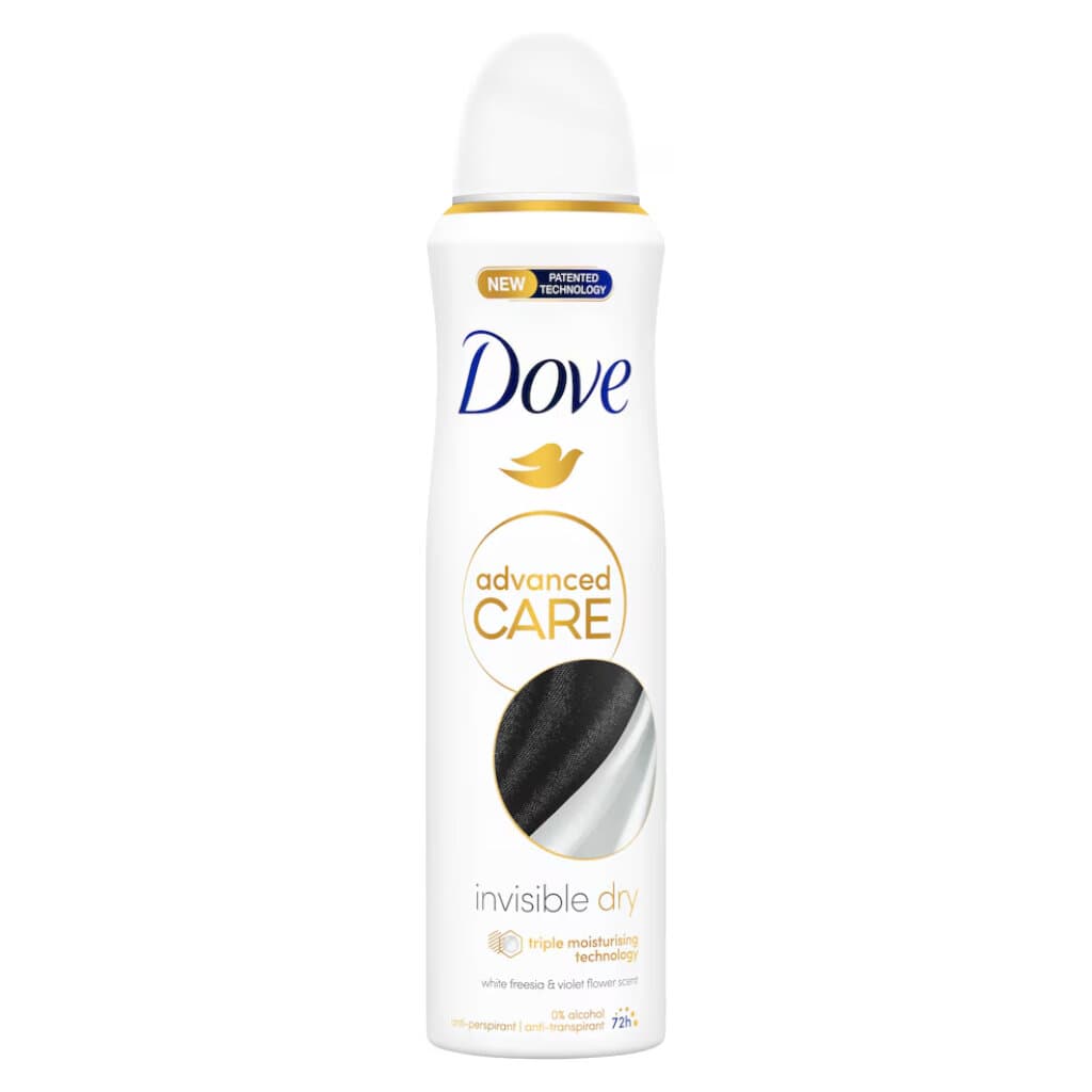 Dove Advanced Care Invisible Dry Anti-perspirant – 150 мл – Предна страна с акцент върху невидимата защита и цветния аромат.
