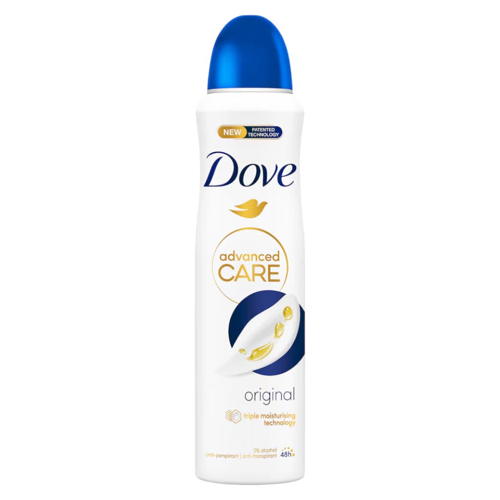 Dove Original Anti-perspirant Spray – 150 мл – Предна страна с акцент върху характеристиките за защита и класическия аромат.