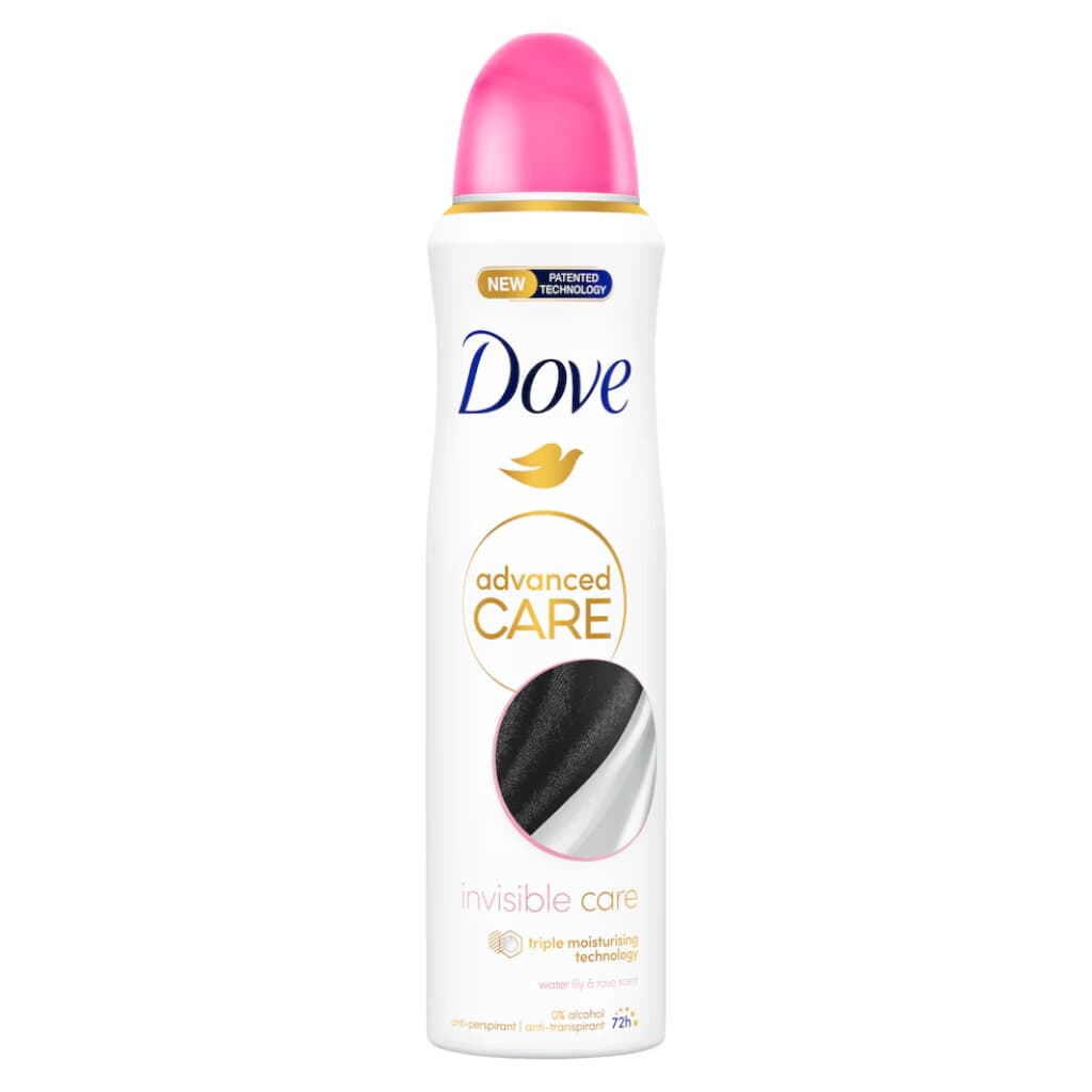 Dove Advanced Care Invisible Care Anti-perspirant – 150 мл – Предна страна с акцент върху характеристиките на невидимата защита и аромата.
