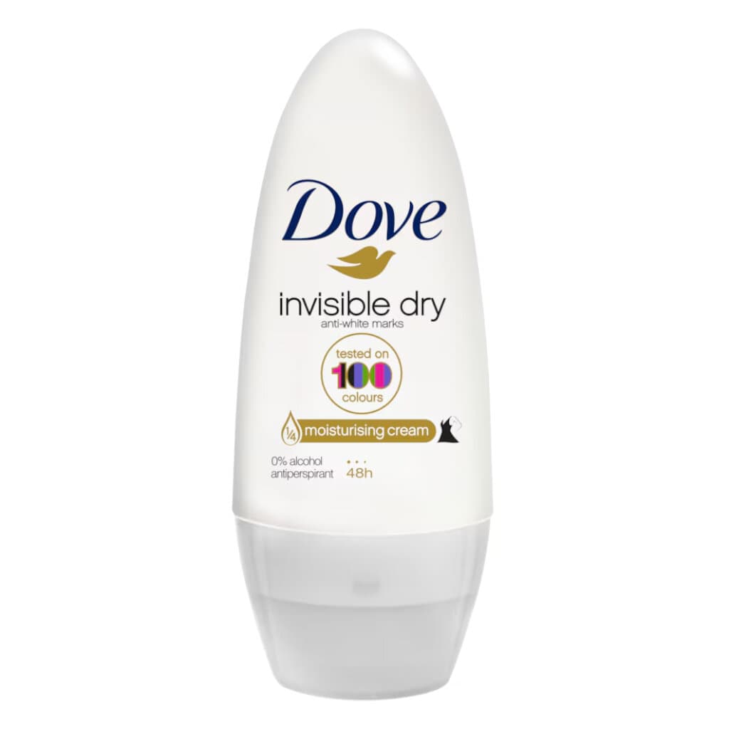 Dove Invisible Dry Antiperspirant Roll-On против изпотяване и без следи по дрехите – 50 мл – Предна страна на продукта с описание на характеристиките.