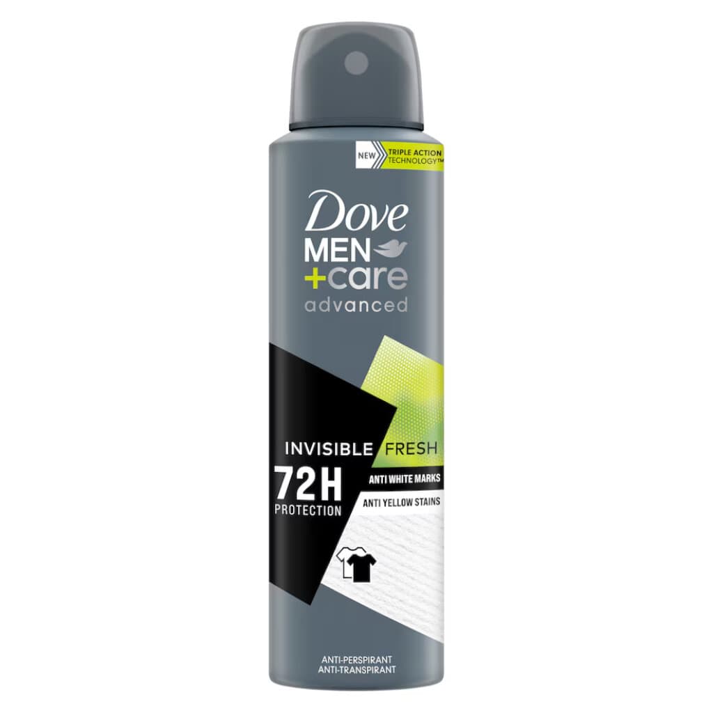 Dove Men+Care Invisible Fresh Spray Anti-perspirant – 150 мл – Предна страна с акцент върху невидимата защита и свежия аромат.