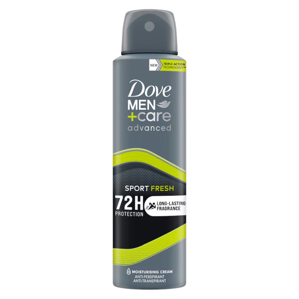Dove Men+Care Sport Fresh Anti-perspirant Spray – 150 мл – Предна страна, показваща характеристиките на продукта.