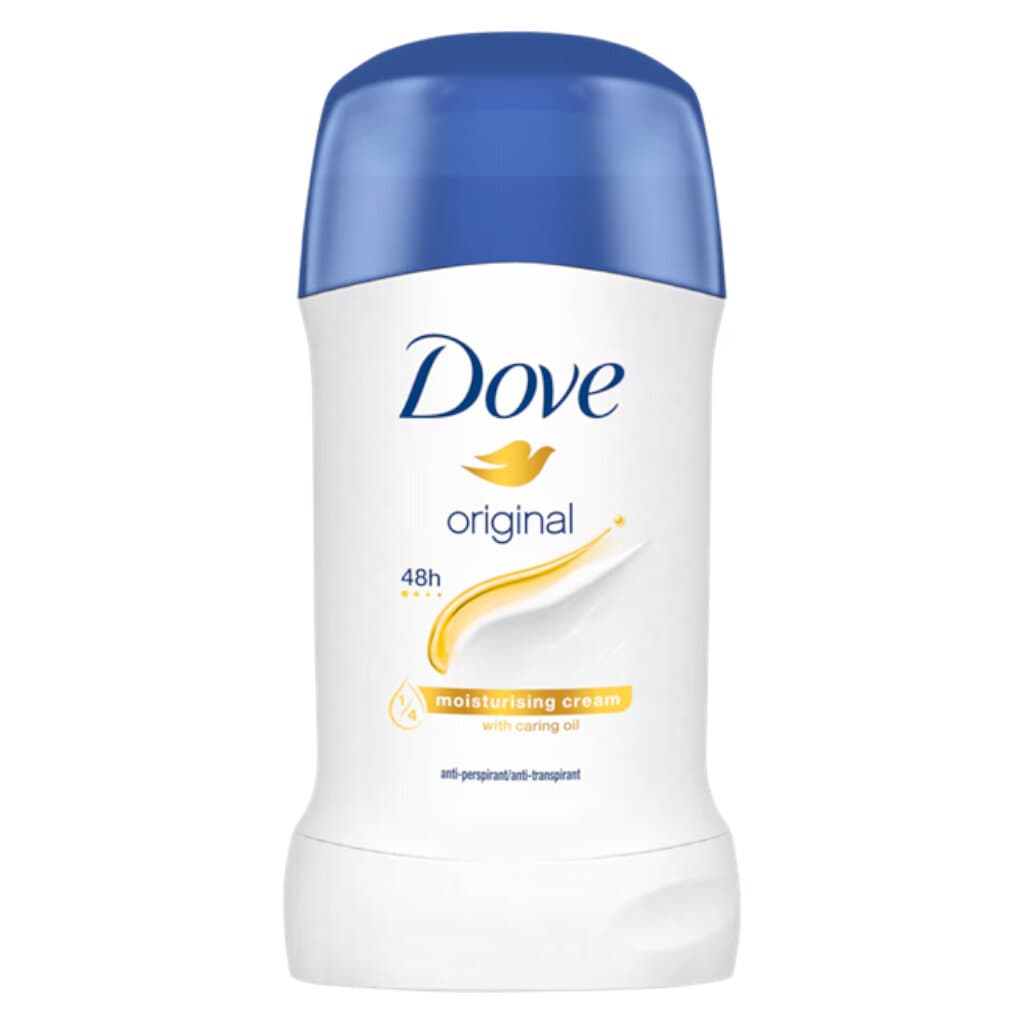 Опаковка на Dove Original Antiperspirant Stick с изчистен и модерен дизайн.
