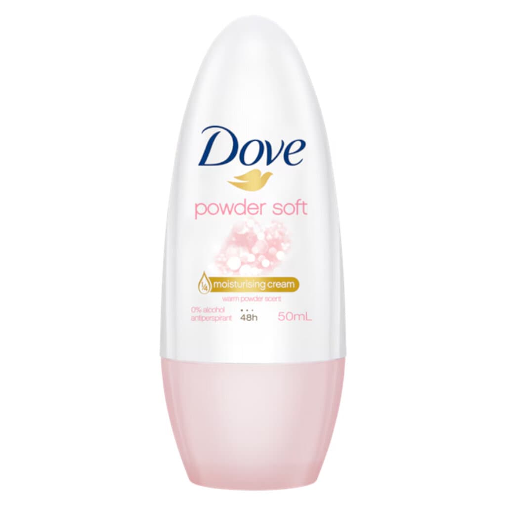 Опаковка на Dove Antiperspirant Roll-On Powder Soft с описание на продукта.