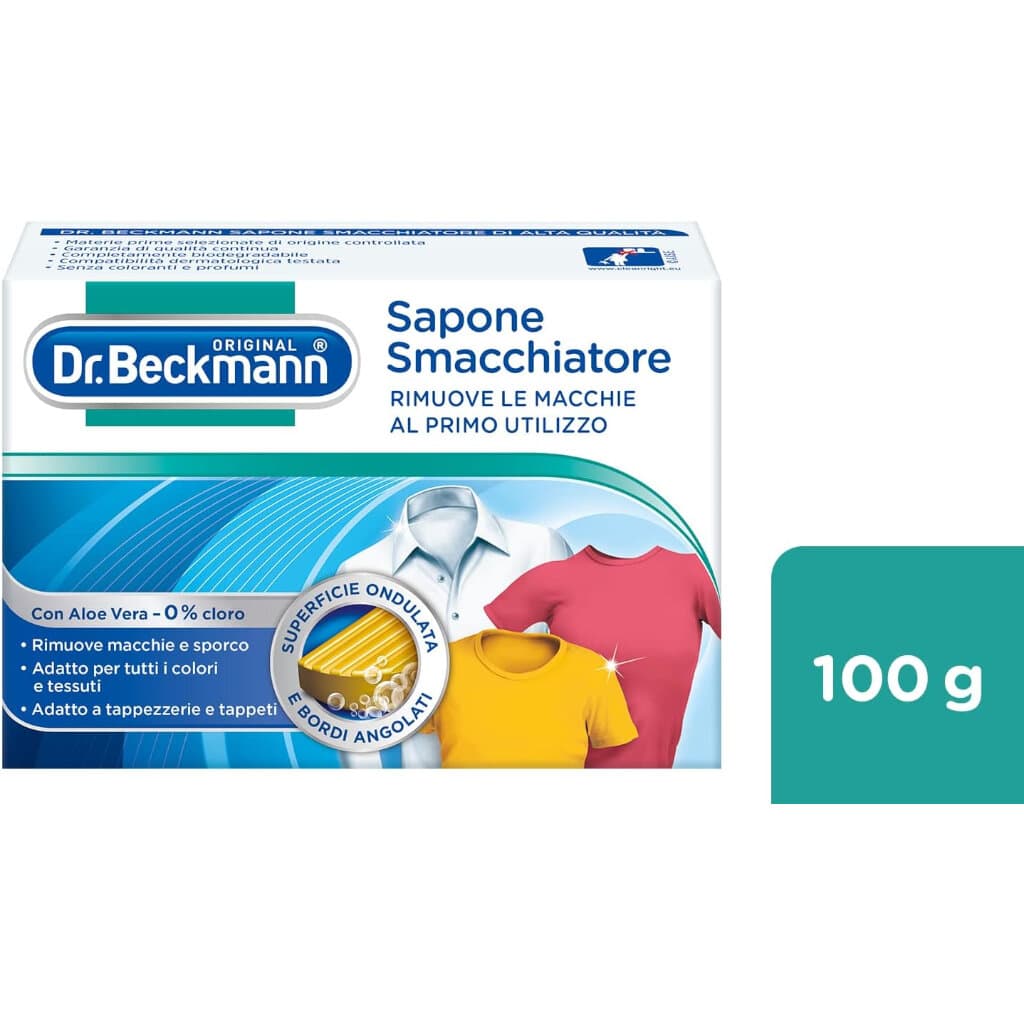 Dr. Beckmann Сапун за Премахване на Петна – Предна част на продукта с акцент върху употребата му за упорити петна.