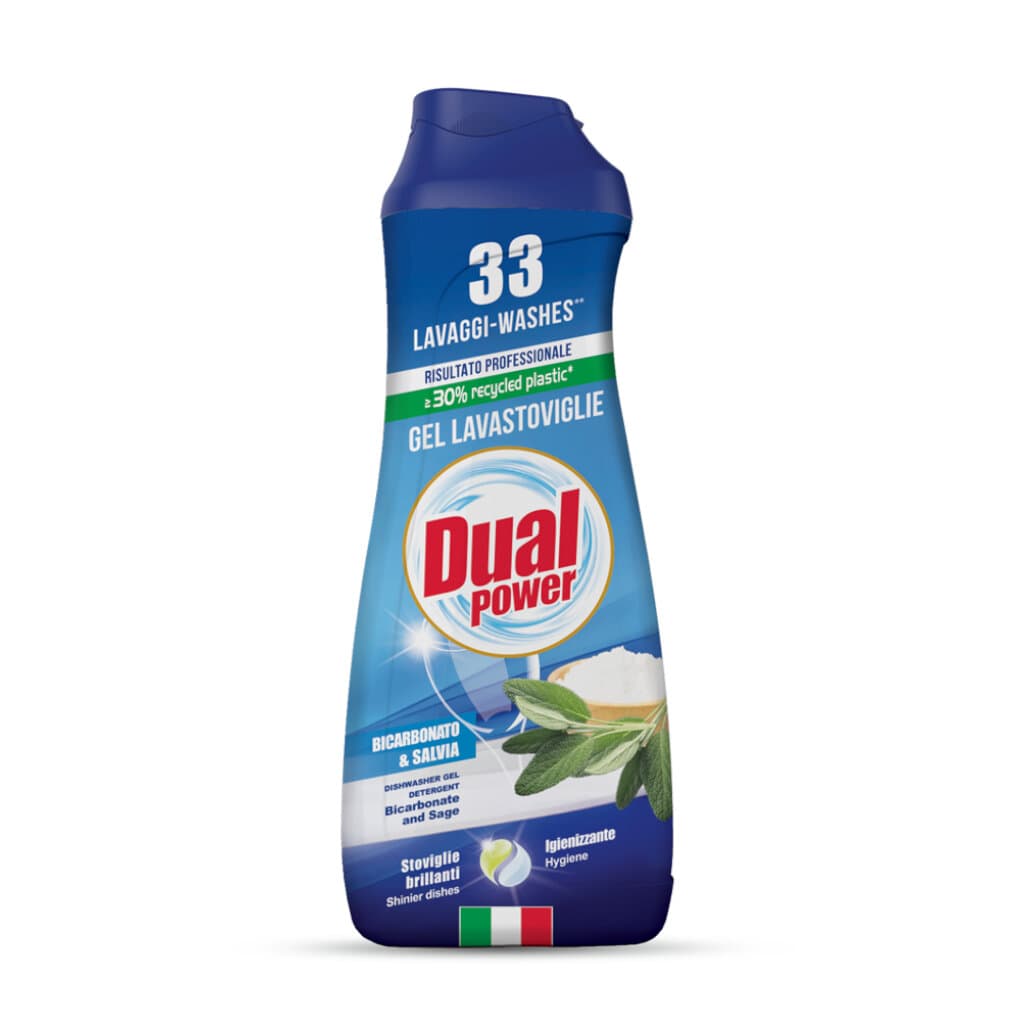 Опаковка и преден изглед на Dual Power Lavastoviglie Gel Bicarbonato & Salvia | Ефективен Гел за Съдомиялни Машини с Блестящи Резултати