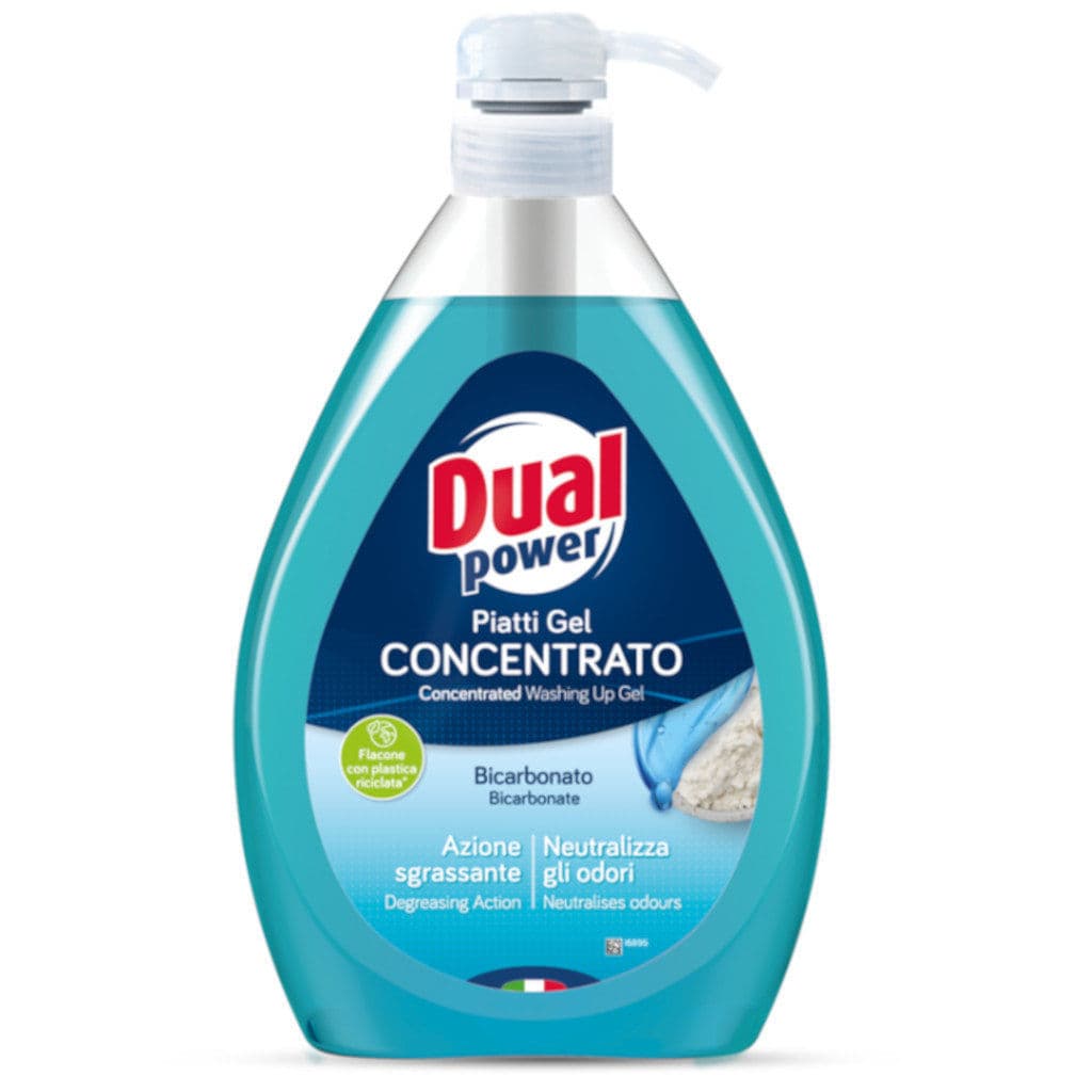 "Dual Power Piatti Gel Concentrato Bicarbonato – Предна страна на опаковката, показваща концентрираната формула за миене на съдове с натуралната сила на бикарбоната."