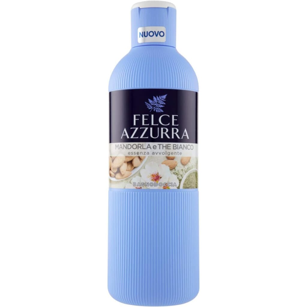Душ гел Felce Azzurra – Бадем и Бял чай – 650 мл – Преден изглед на опаковката.