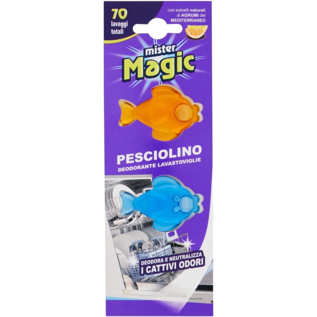 Mister Magic Pesciolino Deodorante Lavastoviglie, оформено като рибка, подчертаващо естетичния и функционален дизайн.