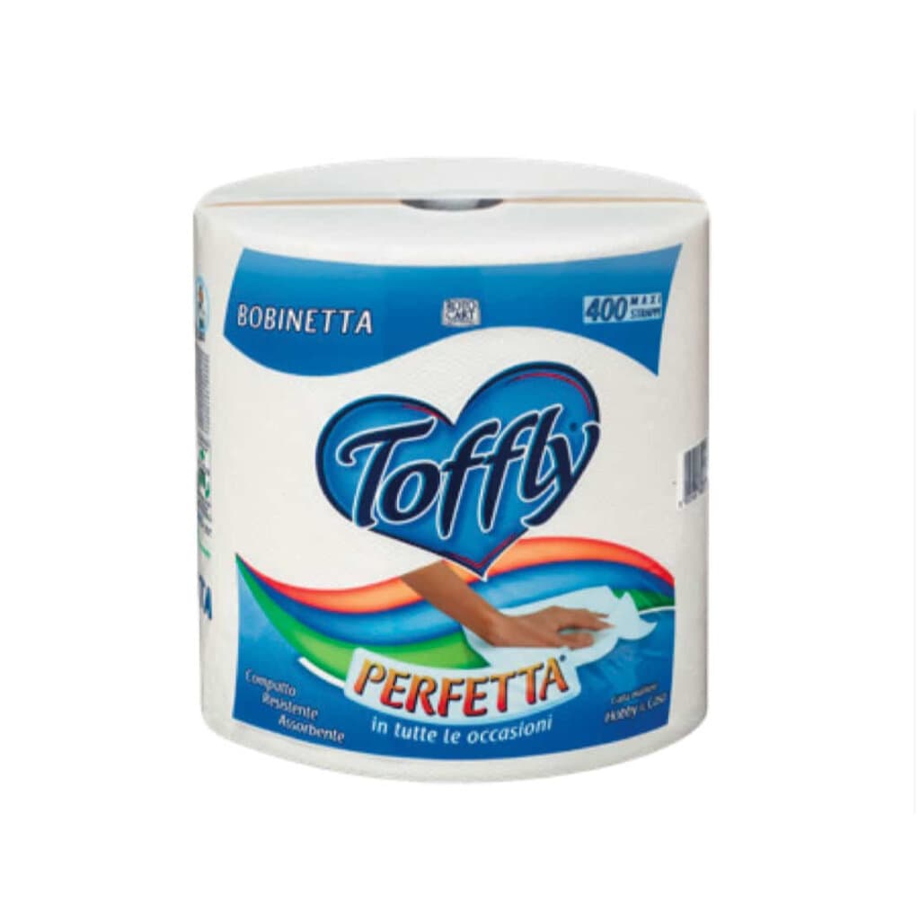 "Toffly Perfetta – Предна страна на опаковката, показваща премиум тоалетната/кухненска хартия с изключителна мекота и абсорбираща способност."