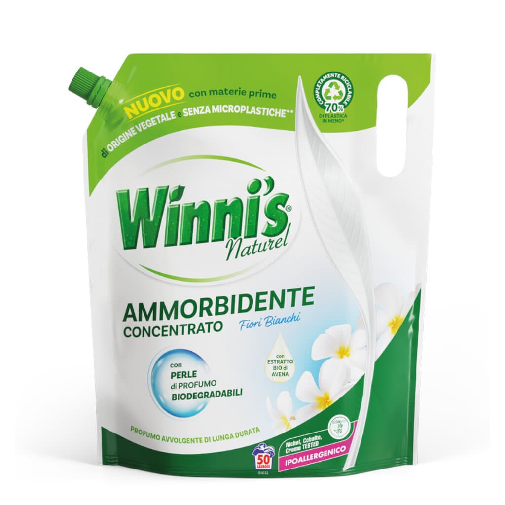 "Winni’s Ecoformato Fiori Bianchi – Предна страна на опаковката, показваща концентрираната формула с биоразградими перли с аромат на бели цветя за дълготрайна свежест и мекота."