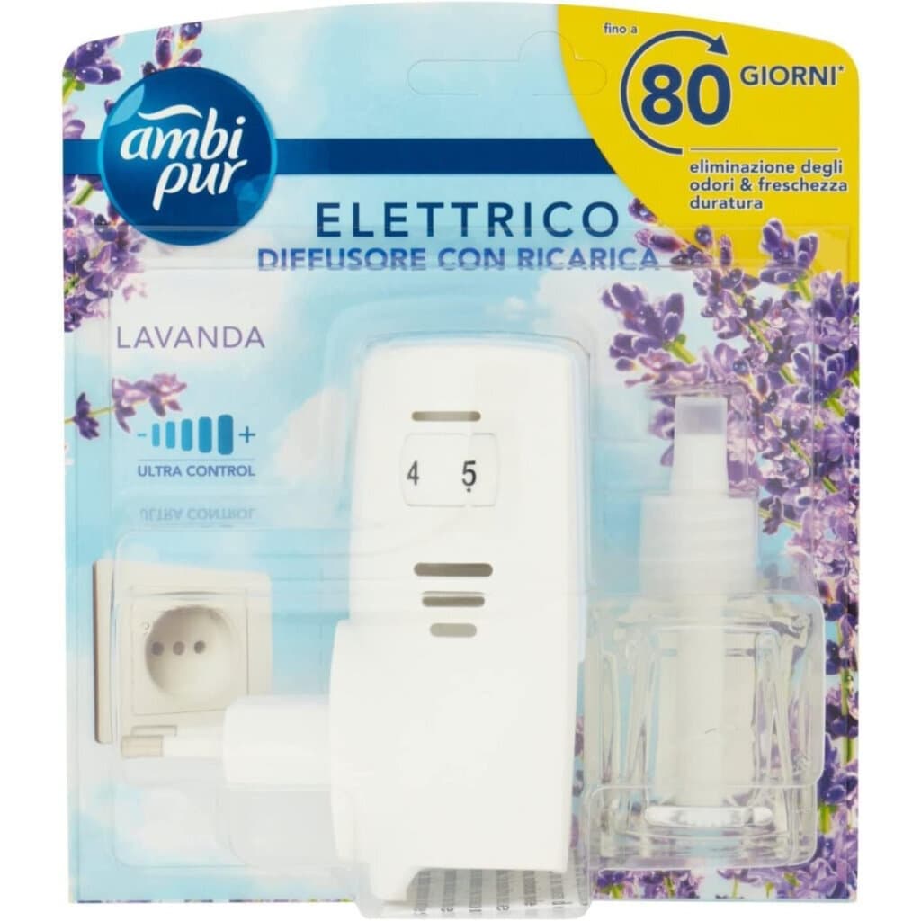 Ambi Pur Starter Kit Diffusore Elettrico Lavanda – Комплект с електрически дифузер и аромат на лавандула – Предна част на опаковката.