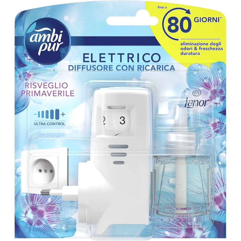 Бутилка на Ambi Pur Starter Kit Diffusore Elettrico Risveglio Primaverile – Електрически Дифузор за Пролетно Събуждане – 20 мл, подчертаваща елегантния дизайн и включения стартов комплект.