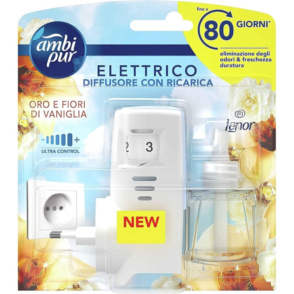 Ambi Pur Starter Kit Diffusore Elettrico Oro e Fiori di Vaniglia – Комплект с електрически дифузер и аромат на ванилия и златни цветя – Предна част на опаковката.