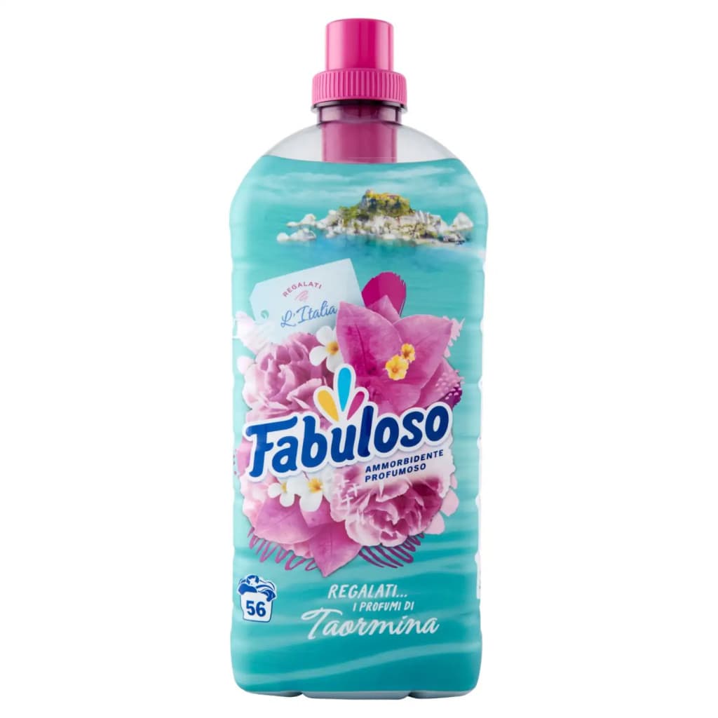 Опаковка на Fabuloso Ammorbidente Concentrato Taormina (1250 мл) с изображение на италиански пейзаж.