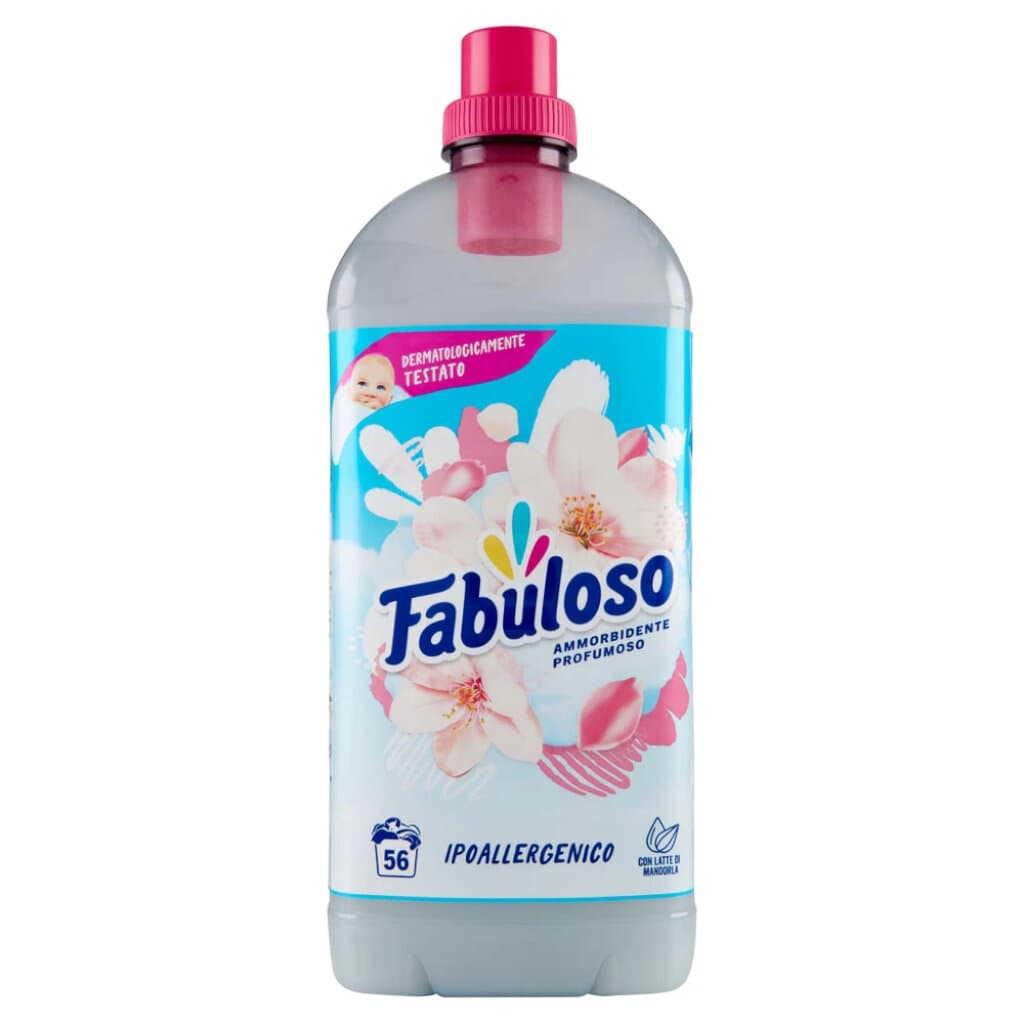 Опаковка на Fabuloso Ammorbidente Concentrato Ipoallergenico (1.25 Л) с акцент върху хипоалергенните свойства.