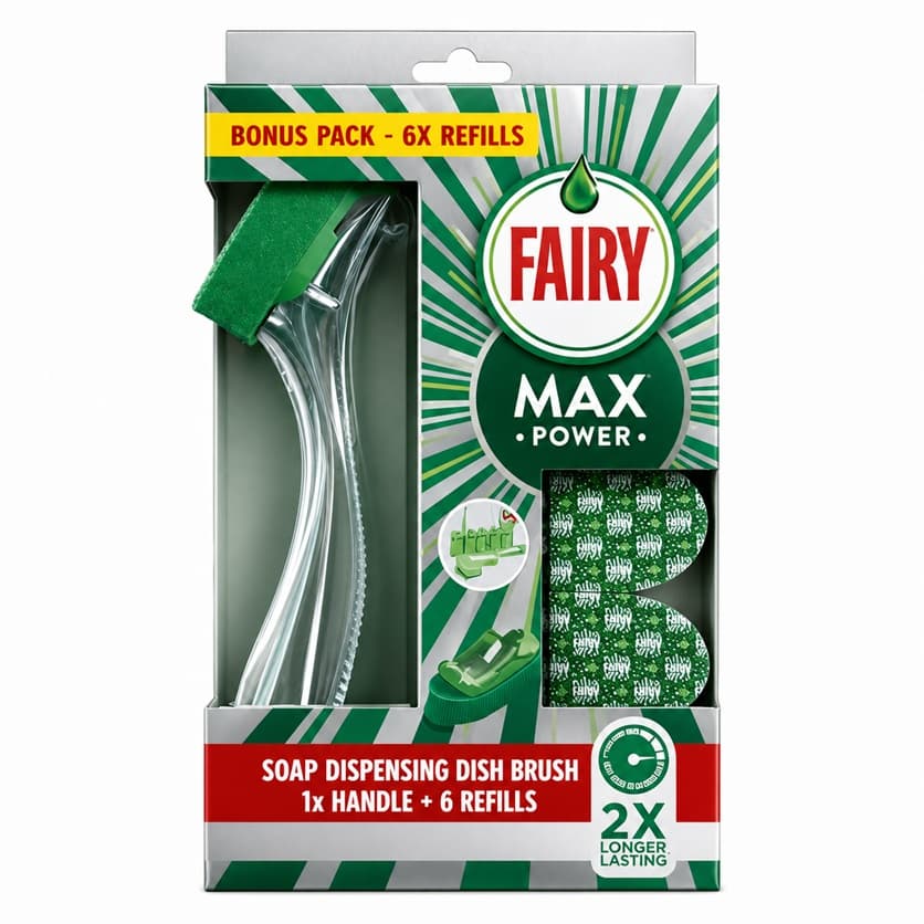 Fairy Max Power Soap Dispensing Dish Brush комплект с дръжка дозатор и 6 резервни глави за миене на съдове
