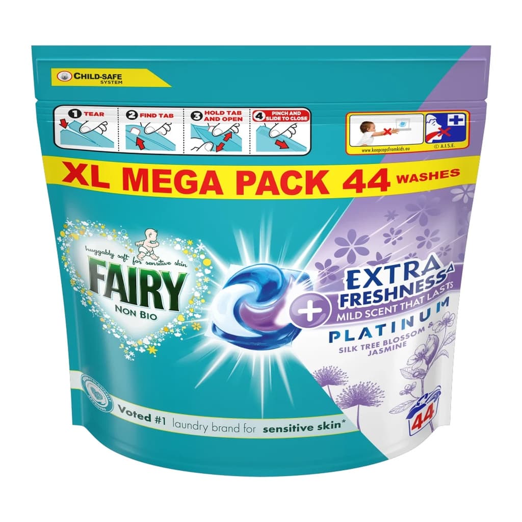 Fairy Non Bio Platinum Extra Freshness Silk Tree Blossom & Jasmine капсули за пране – 44 пранета