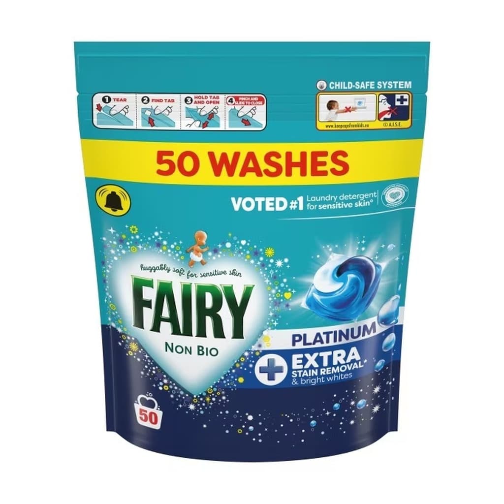 Fairy Non Bio Platinum Extra Stain Removal & Bright Whites капсули за пране без ензими – 50 пранета