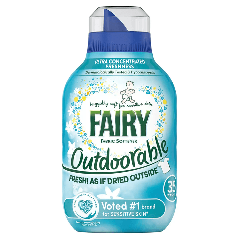 Fairy Outdoorable омекотител 490 ml – опаковка с прасковен аромат и еко дизайн