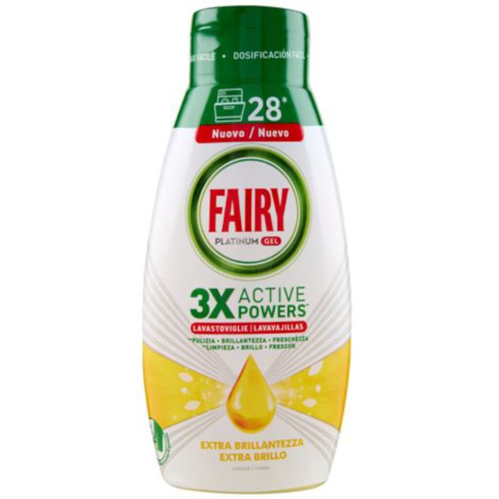 Fairy Gel за съдомиялна машина Extra Блясък с аромат на лимон (650 мл), показваща логото и акцент върху лимоновия аромат.