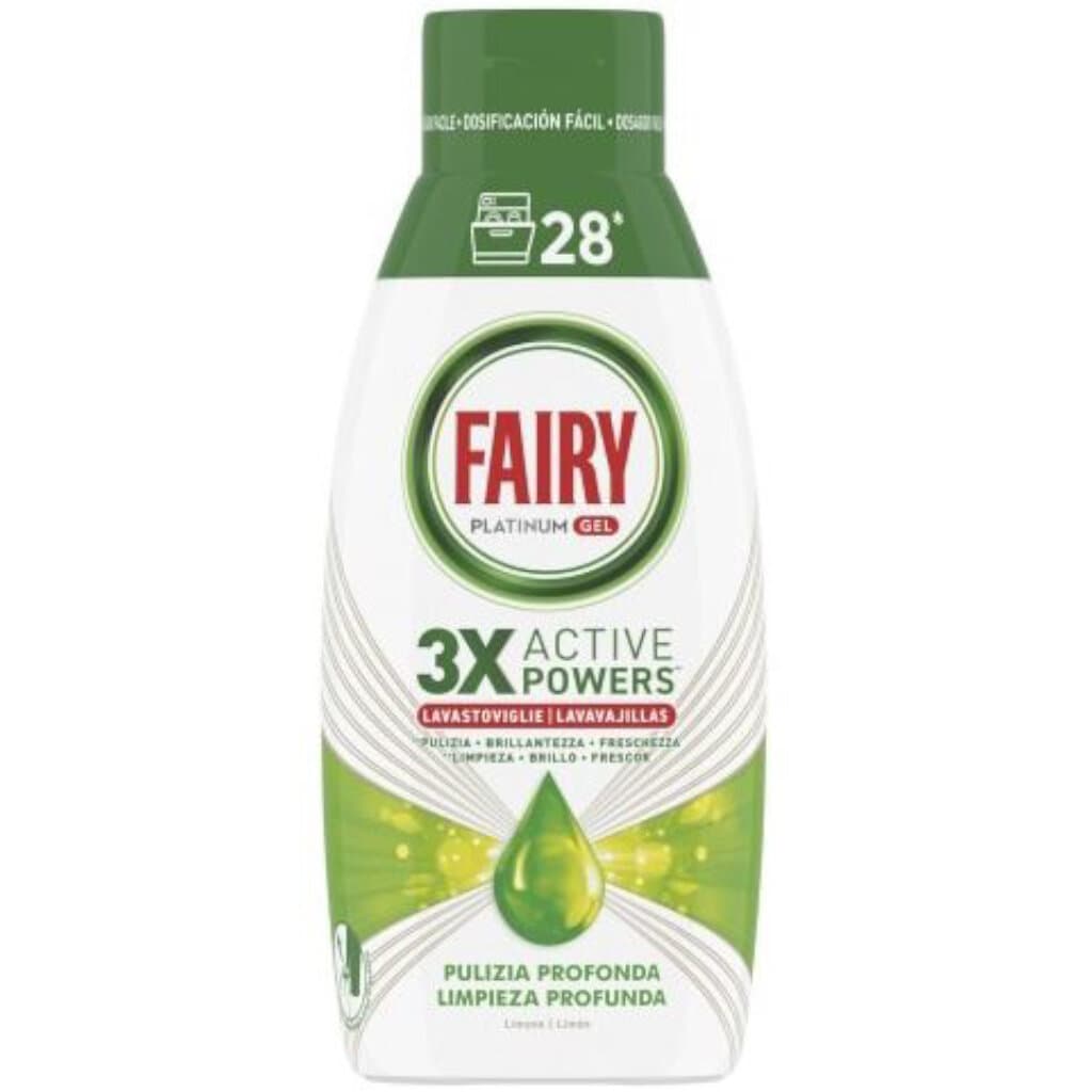 Опаковка на Fairy Gel за миялна машина с аромат на лимон (500 мл), показваща бутилката и основни характеристики.