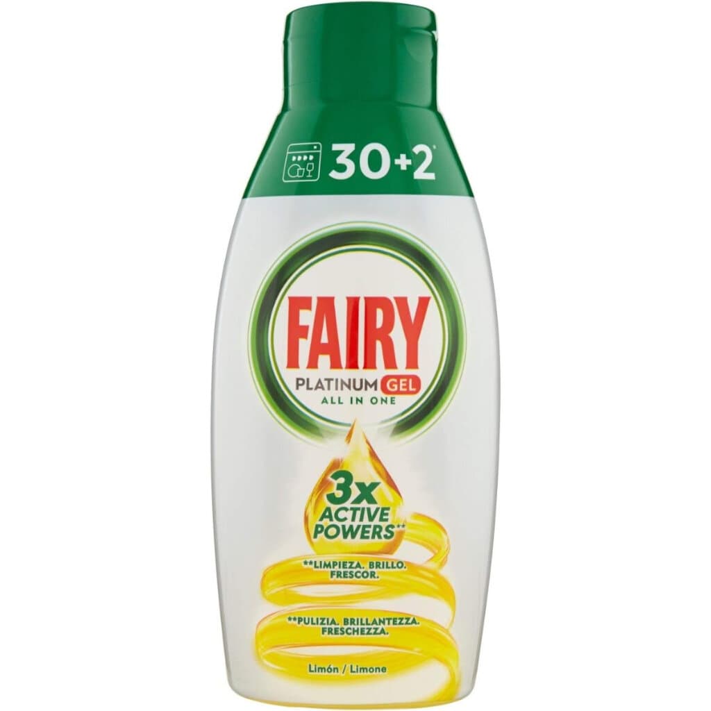 Опаковка и преден изглед на Fairy Platinum Gel Limone | Детергент за съдомиялна с лимонов аромат
