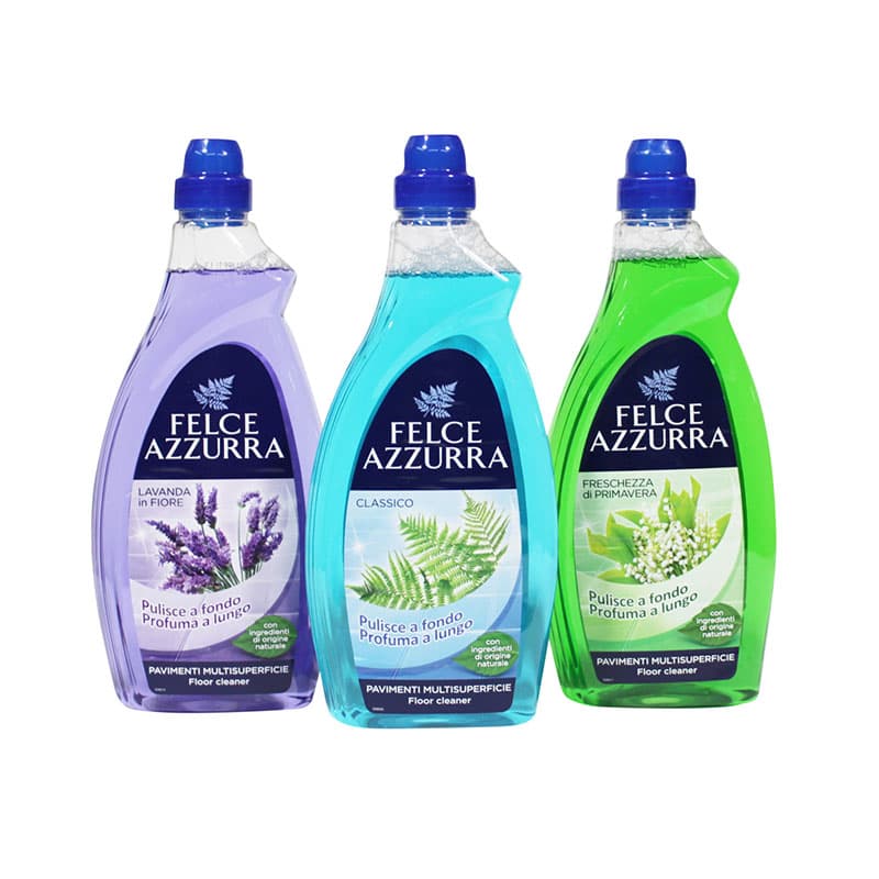 Felce Azzurra Detersivo per Pavimenti Classico – 1 л – Препарат с класически аромат., Felce Azzurra Detersivo per Pavimenti Lavanda – 1 л – Препарат с аромат на лавандула., Felce Azzurra Detersivo per Pavimenti Primavera – 1 л – Препарат с пролетен аромат