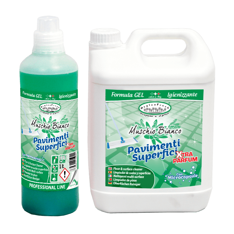 Floor & Surfaces Muschio Bianco в опаковка, почистващ препарат за подове и повърхности с аромат на бял мускус.