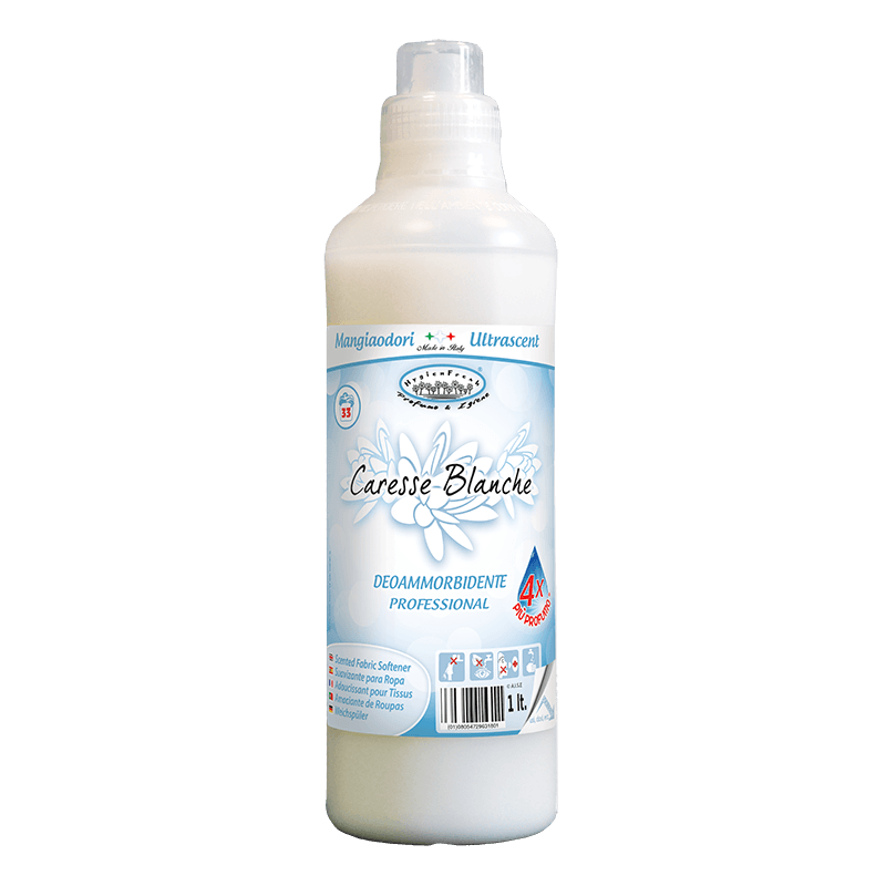 Опаковка и преден изглед на Caresse Blanche Softener - 1 L | Професионален Висококонцентриран омекотител с дълготраен аромат