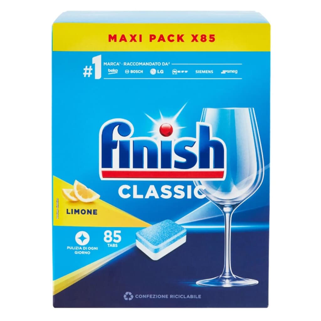 Finish Classic Lemon - опаковка с 85 таблетки, показваща предната страна с основна информация.
