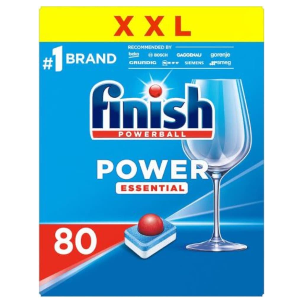 Finish Power Essential Dishwasher Tablets – Предна страна на опаковката, показваща дизайна и информация за продукта.